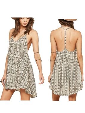 Amuse Society Rituals Beaded Tunic Mini Dress Geometric Snake Cream Gray Boho